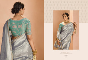 Elegant Silver Kanjivaram Silk Saree with Sea Green Embroidered Blouse – A Timeless Masterpiece