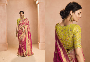 Red Kanjivaram Silk Saree with Lime Green Embroidered Blouse – A Regal Ensemble