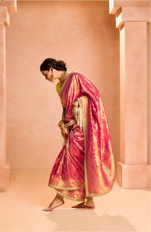 Red Kanjivaram Silk Saree with Lime Green Embroidered Blouse – A Regal Ensemble