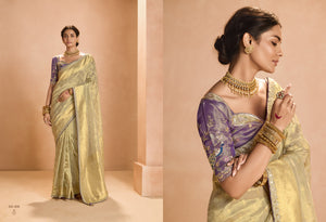 Gold Kanjivaram Silk Saree with Royal Purple Embroidered Blouse – Timeless Grace