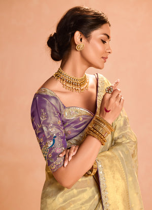 Gold Kanjivaram Silk Saree with Royal Purple Embroidered Blouse – Timeless Grace