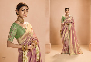 Blush Pink Kanjivaram Silk Saree with Intricate Green Embroidered Blouse – Grace Meets Tradition