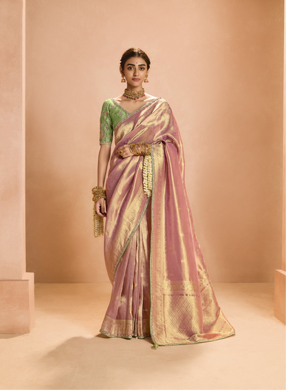 Blush Pink Kanjivaram Silk Saree with Intricate Green Embroidered Blouse – Grace Meets Tradition