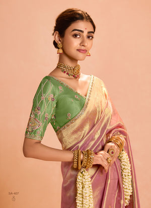 Blush Pink Kanjivaram Silk Saree with Intricate Green Embroidered Blouse – Grace Meets Tradition