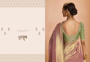 Blush Pink Kanjivaram Silk Saree with Intricate Green Embroidered Blouse – Grace Meets Tradition