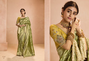 Radiant Green Kanjivaram Silk Saree with Ornate Yellow Blouse – A Regal Ensemble