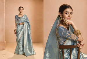 Elegant Grey Kanjivaram Silk Saree with Embroidered Blouse – Perfect for Parties