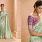 Mint Green Kanjivaram Silk Saree with Elegant Purple Embroidered Blouse – A Dreamy Delight