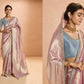 Blush Pink Kanjivaram Silk Saree with Elegant Blue Embroidered Blouse – Subtle Glamour