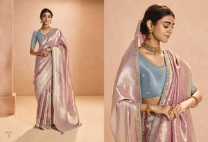 Blush Pink Kanjivaram Silk Saree with Elegant Blue Embroidered Blouse – Subtle Glamour