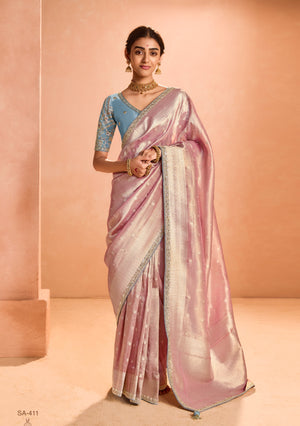 Blush Pink Kanjivaram Silk Saree with Elegant Blue Embroidered Blouse – Subtle Glamour