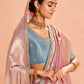 Blush Pink Kanjivaram Silk Saree with Elegant Blue Embroidered Blouse – Subtle Glamour