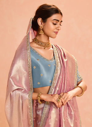 Blush Pink Kanjivaram Silk Saree with Elegant Blue Embroidered Blouse – Subtle Glamour