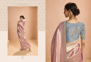 Blush Pink Kanjivaram Silk Saree with Elegant Blue Embroidered Blouse – Subtle Glamour