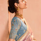 Blush Pink Kanjivaram Silk Saree with Elegant Blue Embroidered Blouse – Subtle Glamour