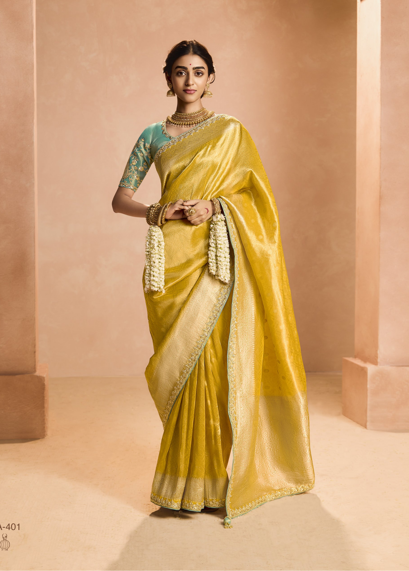 Yellow Kanjivaram Silk Saree with Sea Green Embroidered Blouse – A Timeless Heritage Ensemble