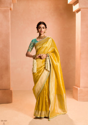 Yellow Kanjivaram Silk Saree with Sea Green Embroidered Blouse – A Timeless Heritage Ensemble