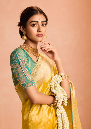 Yellow Kanjivaram Silk Saree with Sea Green Embroidered Blouse – A Timeless Heritage Ensemble