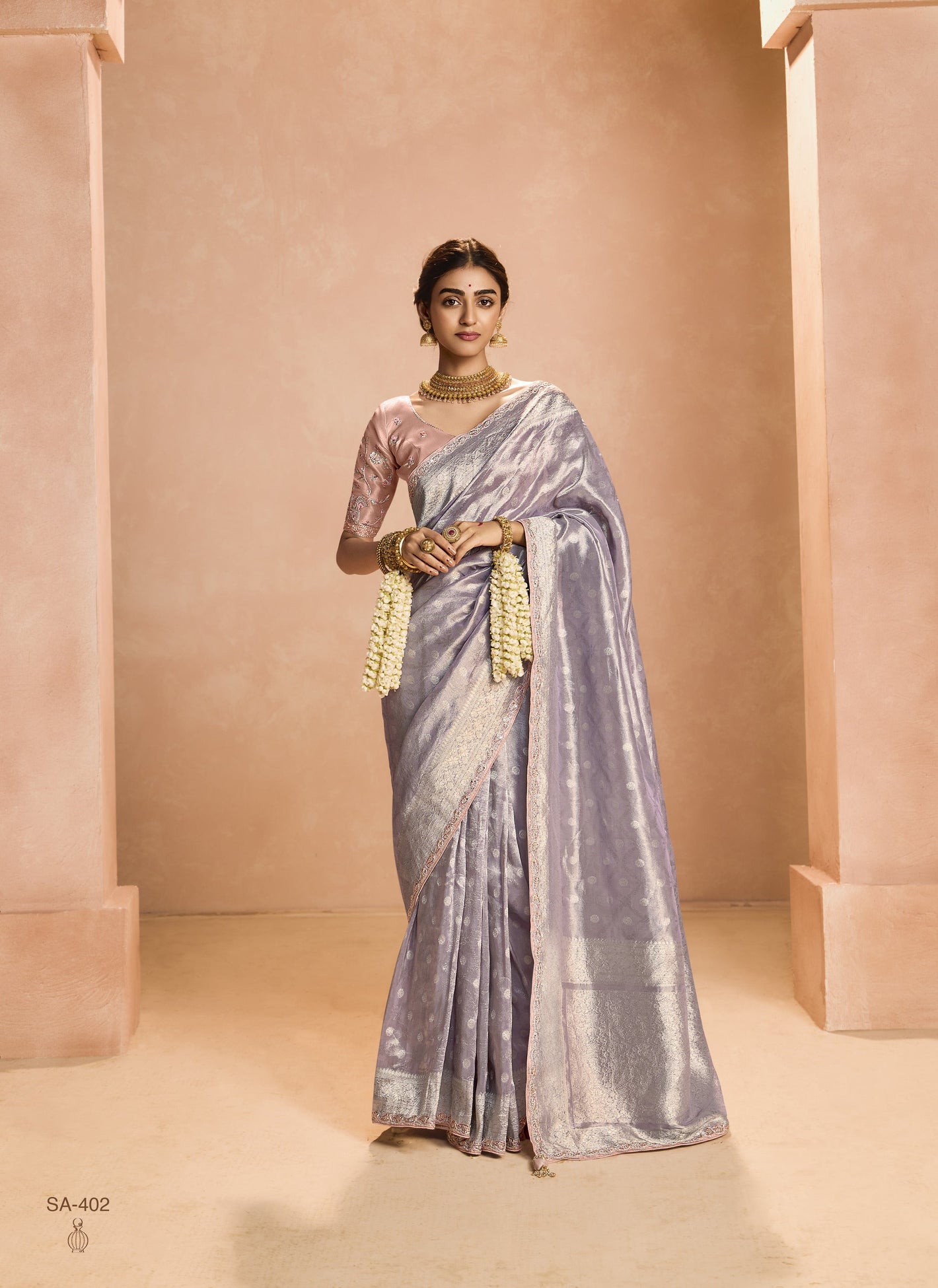 Lavender Kanjivaram Silk Saree with Blush Pink Embroidered Blouse – Perfect for Weddings & Festive Wear