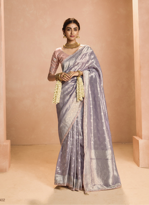 Lavender Kanjivaram Silk Saree with Blush Pink Embroidered Blouse – Perfect for Weddings & Festive Wear