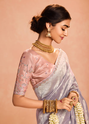 Lavender Kanjivaram Silk Saree with Blush Pink Embroidered Blouse – Perfect for Weddings & Festive Wear