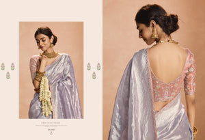 Lavender Kanjivaram Silk Saree with Blush Pink Embroidered Blouse – Perfect for Weddings & Festive Wear