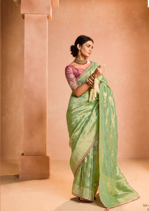 Mint Green Kanjivaram Silk Saree with Wine Embroidered Blouse – Perfect for Weddings & Festive Wear