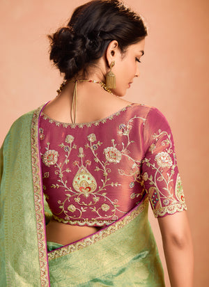 Mint Green Kanjivaram Silk Saree with Wine Embroidered Blouse – Perfect for Weddings & Festive Wear