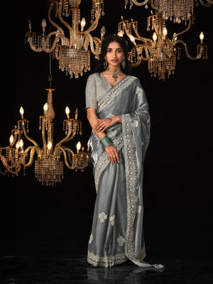 GRACEFUL GREY SILK SAREE WITH INTRICATE SILVER EMBROIDERY