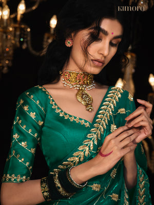 DEEP GREEN SAREE WITH SILVER EMBROIDERY