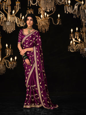REGAL DREAMS IN VIOLET-Wine Silk Saree with Gold Embroidery