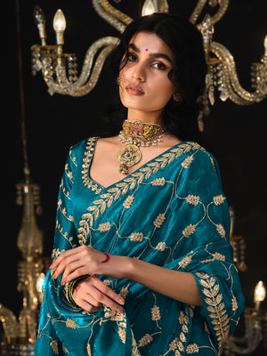 QUEEN OF THE TWILIGHT – PEACOCK BLUE SILK SAREE