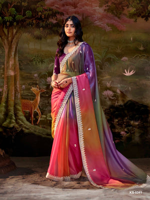 Multicolor Pure Tissue Silk Saree with Embroidered Designer Blouse