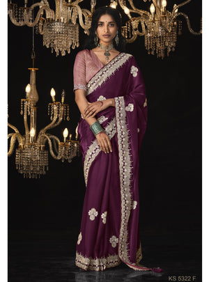 PURPLE SILK SAREE WITH INTRICATE SILVER ZARI EMBROIDERY - KIMORA EXCLUSIVE