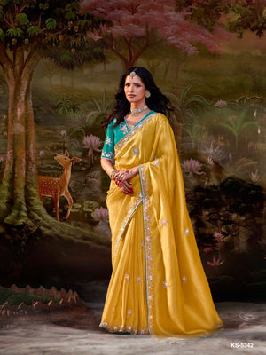 Yellow Silk Embroidered Butta Saree with Teal Blouse