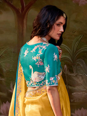 Yellow Silk Embroidered Butta Saree with Teal Blouse