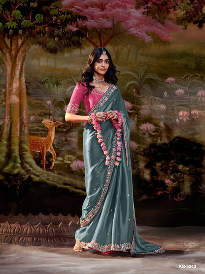Teal Embroidered Designer Silk Saree with Pink Blouse