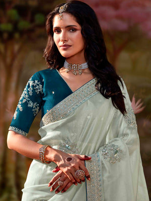 SEA GREEN GLASS TISSUE ORGANZA SAREE