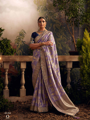 Elegant Lavender Viscose Dola Silk Saree with Contrast Blue Blouse Piece