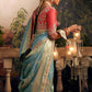 Light Blue Silk Zari Weaved Saree with Broad Border & Red Embroidered Blouse