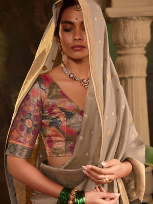 Elegant Beige Crape Dola Silk Saree