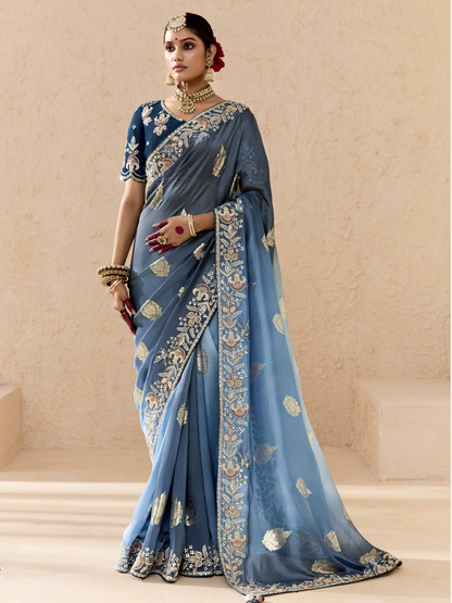 Shaded Blue Tussar Silk Saree