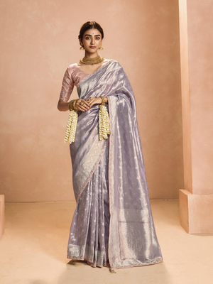 Lavender Kanjivaram Silk Saree with Blush Pink Embroidered Blouse – Perfect for Weddings & Festive Wear