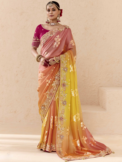 Shaded Peach, Orange & Yellow Tussar Silk Saree