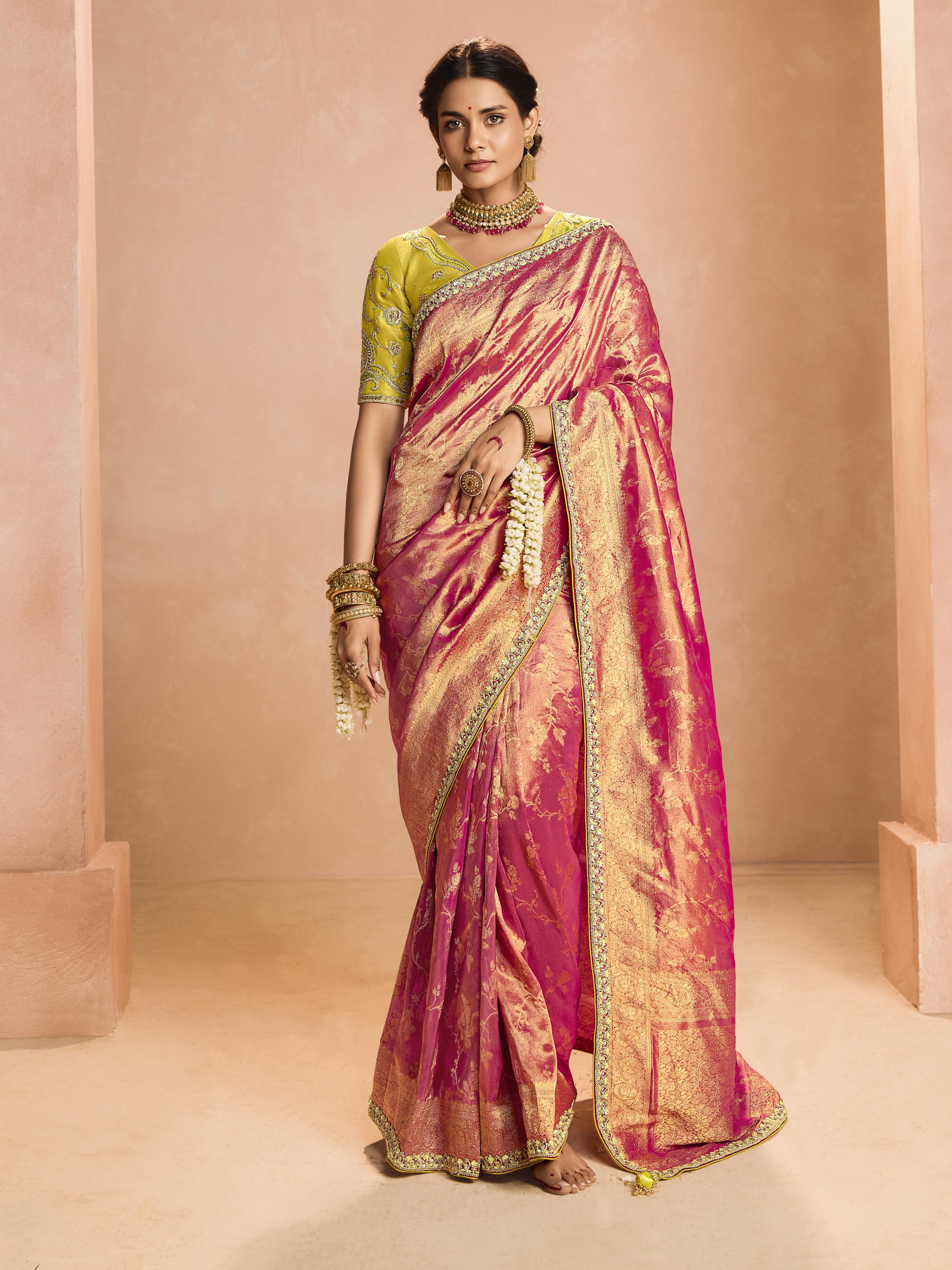 Red Kanjivaram Silk Saree with Lime Green Embroidered Blouse