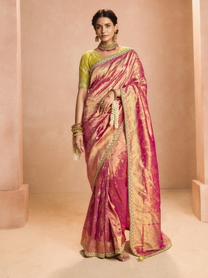 Red Kanjivaram Silk Saree with Lime Green Embroidered Blouse