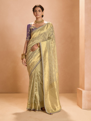 GOLD KANJIVARAM SILK SAREE WITH ROYAL PURPLE EMBROIDERED BLOUSE – TIMELESS GRACE