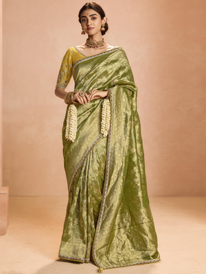 Radiant Green Kanjivaram Silk Saree with Ornate Yellow Blouse – A Regal Ensemble