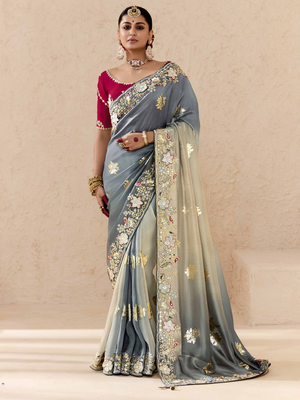 Shaded Grey Tussar Silk Saree