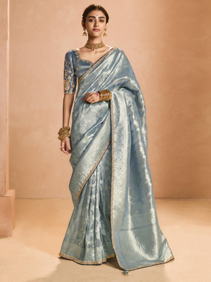 ELEGANT GREY KANJIVARAM SILK SAREE WITH EMBROIDERED BLOUSE